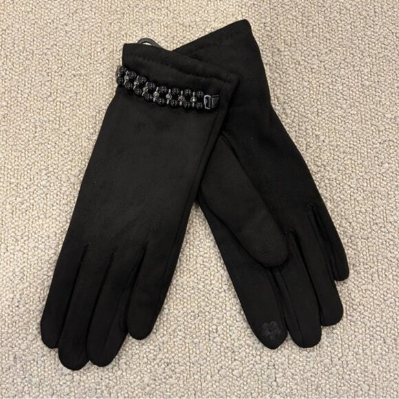 Laura Pearl Embellished Faux Suede Gloves Black - Picture 2 of 6